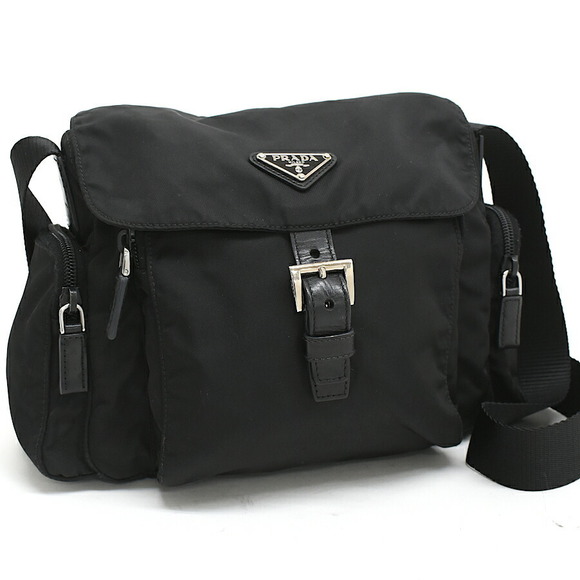 Prada Nylon Triangle Vela Leather Crossbody Black - Picture 1 of 8